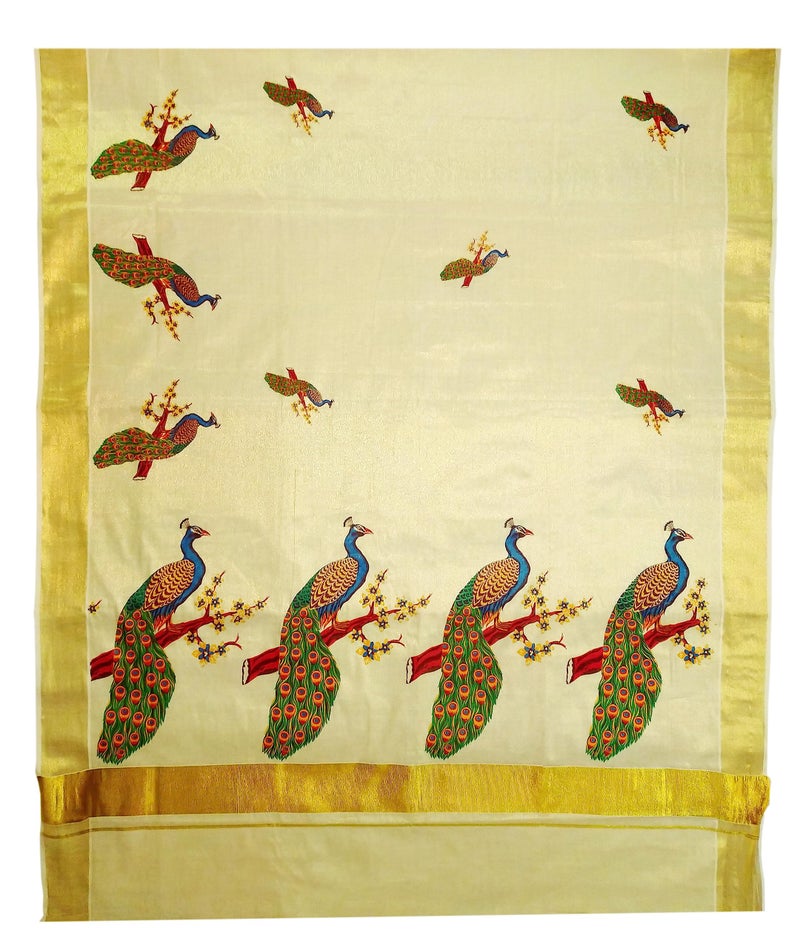 YETTALAN® Women’s Mural Printed Kerala Gold Tissue Saree with Running Blouse (Peacock 4) - Image 1