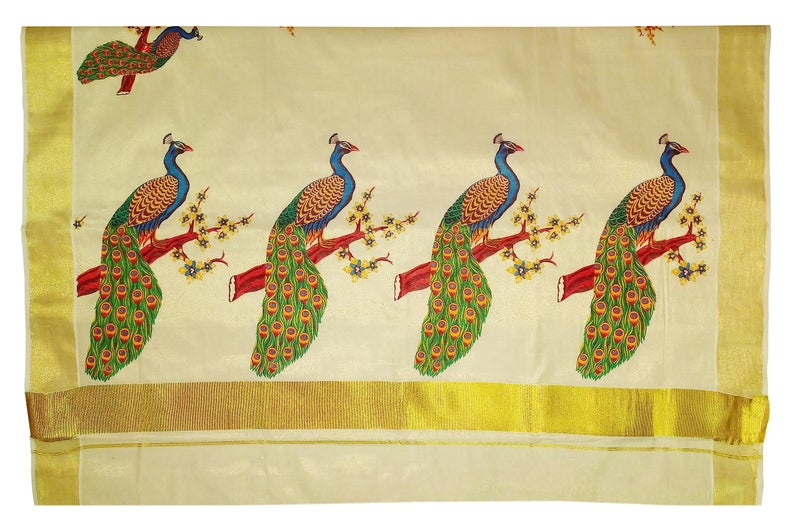 YETTALAN® Women’s Mural Printed Kerala Gold Tissue Saree with Running Blouse (Peacock 4) - Image 3