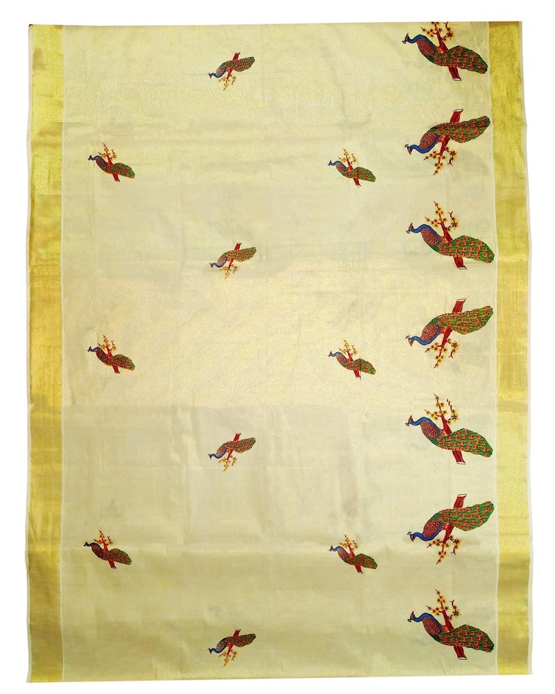YETTALAN® Women’s Mural Printed Kerala Gold Tissue Saree with Running Blouse (Peacock 4) - Image 4