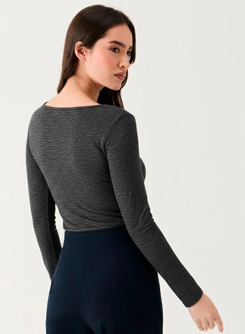 Zigzag  Long Sleeve Ponte Top - Marl Grey for Women | Best Price UAE
