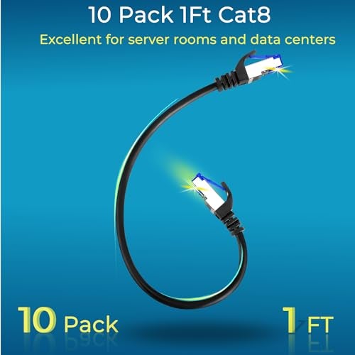 Rapink Patch Cables Cat8 1ft 10 Pack Slim Cat8 Ethernet Patch Cable 40G Support Snagless Cat 8 Patch Cable for Patch Panel to Switch Flexiable Cat 8 Ethernet Cable Datacenter with Gold Plated - Image 3