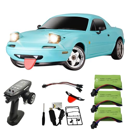 Skymaker 118 RC Drift Car with 3 Batteries Mazda MX5 Miata 24GHz LDRC 1804 RWD Drifting Adults with ESP Gyro Popup Light Blue - Image 1