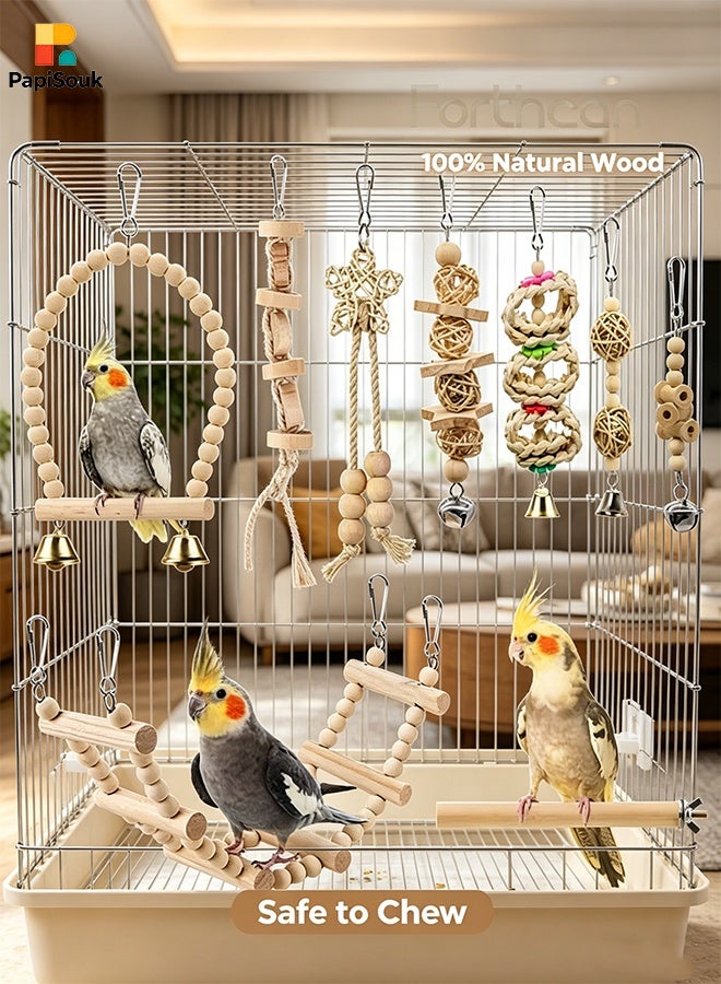 PapiSouk Natural Wood Bird Cage Toys Set, Hanging Chew Swing and Climbing Ladder for Parrot, Parakeet, Cockatiel, Conure, Lovebirds and Small Birds - Image 1