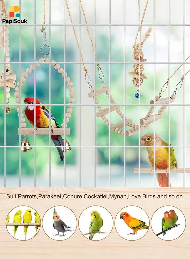PapiSouk Natural Wood Bird Cage Toys Set, Hanging Chew Swing and Climbing Ladder for Parrot, Parakeet, Cockatiel, Conure, Lovebirds and Small Birds - Image 5