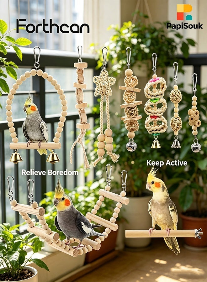 PapiSouk Natural Wood Bird Cage Toys Set, Hanging Chew Swing and Climbing Ladder for Parrot, Parakeet, Cockatiel, Conure, Lovebirds and Small Birds - Image 2