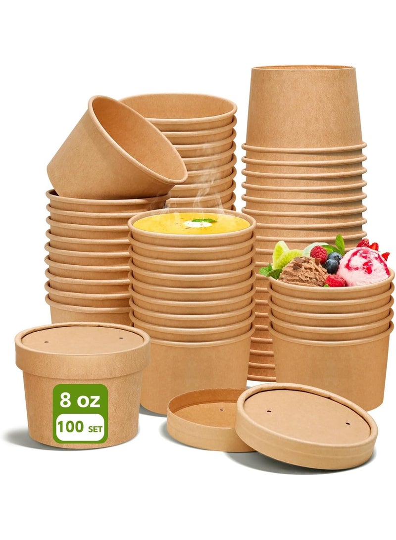Arabest 8oz Paper Soup Container Cup with Vented Lids, Disposable Paper Food Container Kraft Soup Bowls, Microwavable and Freezer Safe To Go Soup Containers for Hot Soup, Ice Cream (50 Pcs - Kraft, 8 oz) - Image 1