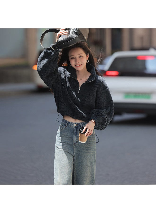 Mt Warm Solid Color Autumn Spring Zipper Design Simple Hem Drawstring Long Sleeve Sweatshirt - Image 3