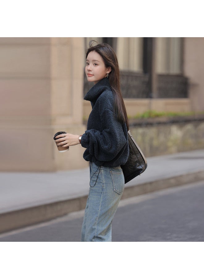 Mt Warm Solid Color Autumn Spring Zipper Design Simple Hem Drawstring Long Sleeve Sweatshirt - Image 4
