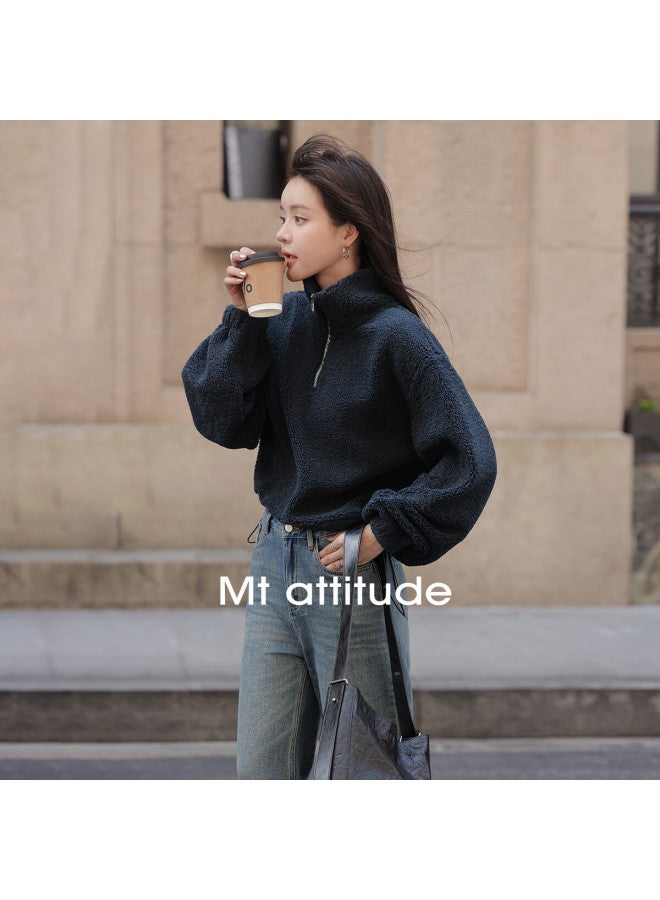 Mt Warm Solid Color Autumn Spring Zipper Design Simple Hem Drawstring Long Sleeve Sweatshirt - Image 1