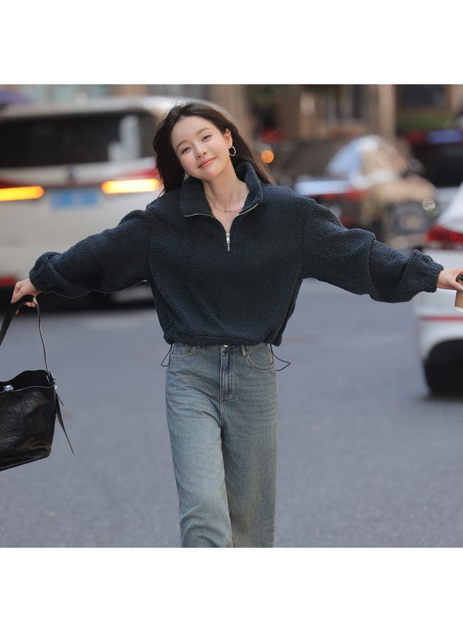 Mt Warm Solid Color Autumn Spring Zipper Design Simple Hem Drawstring Long Sleeve Sweatshirt - Image 2