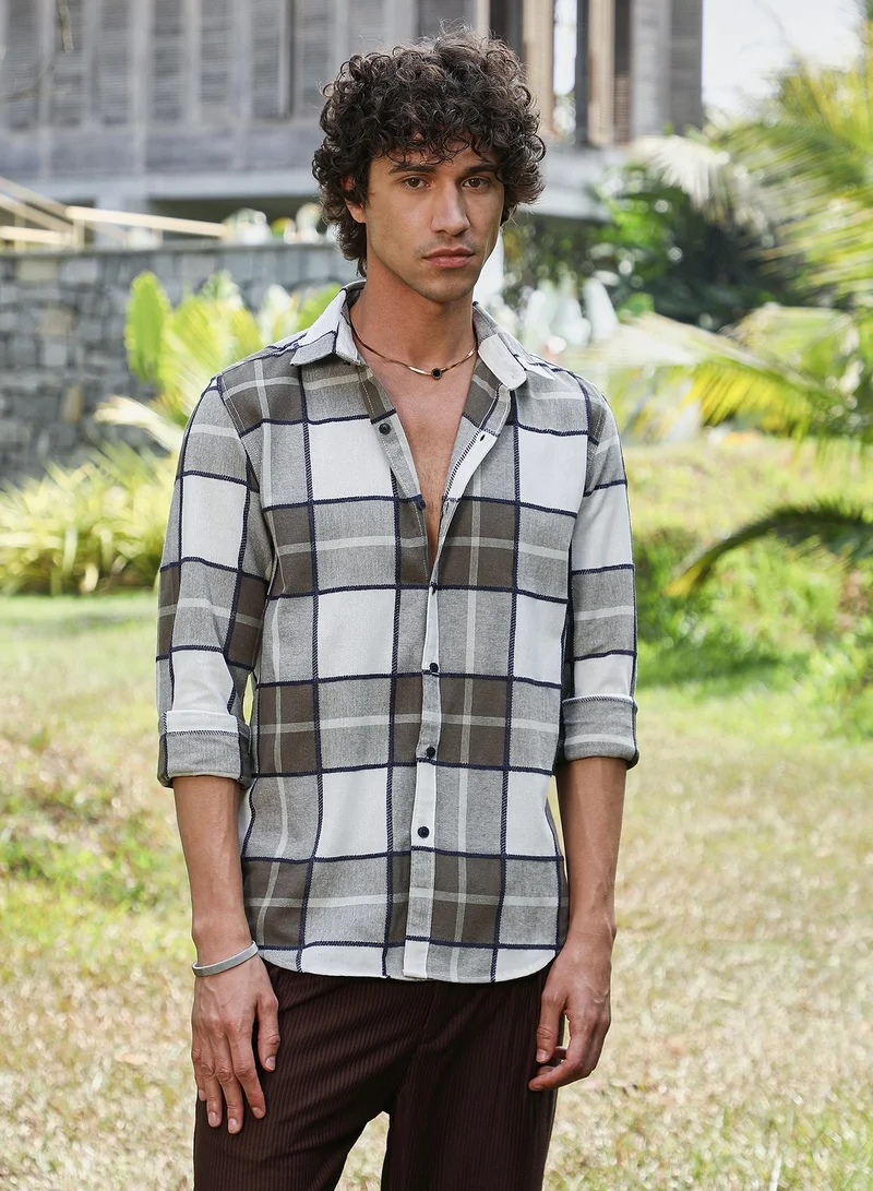 Campus Sutra Men's Army Green Overlaping Check Shirt