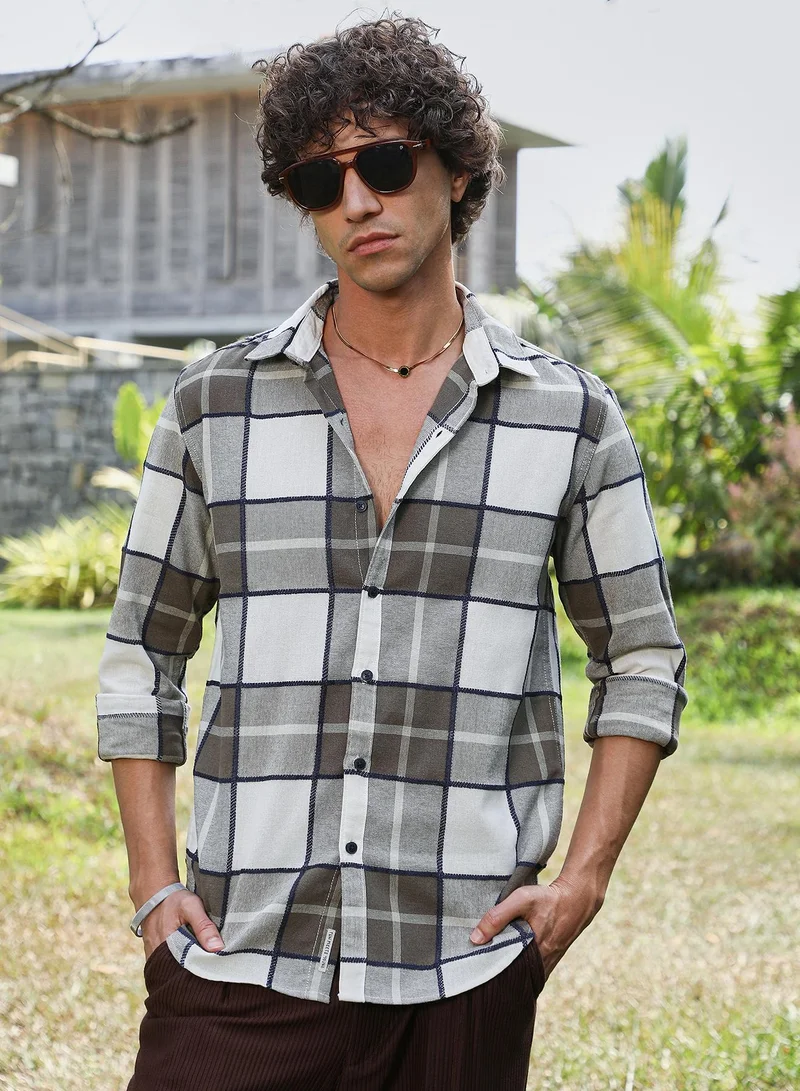 Campus Sutra Men's Army Green Overlaping Check Shirt