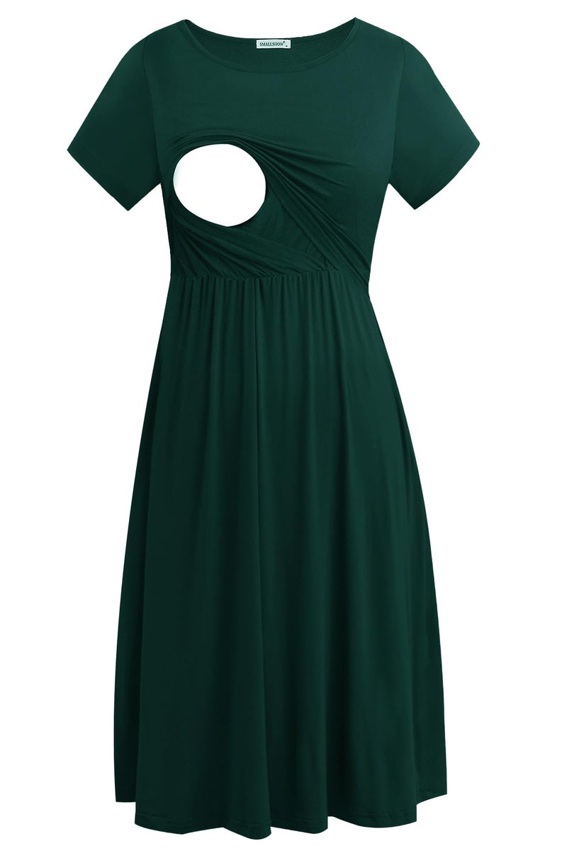 Smallshow Women's Short Sleeve Patchwork Nursing Dresses for Breastfeeding Medium Pure Dark Green - Image 1