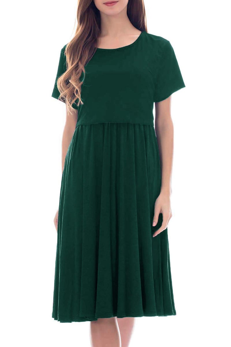 Smallshow Women's Short Sleeve Patchwork Nursing Dresses for Breastfeeding Medium Pure Dark Green - Image 4