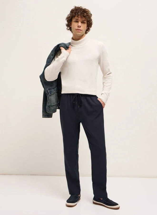 THE BEAR HOUSE Men's Navy Classic Korean-Inspired Elastic Waist Casual Trouser Versatile Office and Travel Pants Comfortable Fit for Everyday Use Easy to Style Bottomwear for Work Weekend and Outings