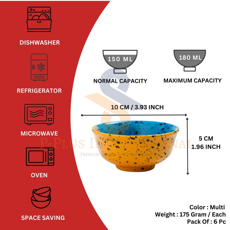 P-PLUS INTERNATIONAL Ceramic Soup, Dessert Bowl | Hand Painted Serving Bowls | for Cereal, Pasta, Snacks, Salad, Dinner Bowls | Dishwasher & Microwave Safe | 150 ML 10 CM (Multi, 6 Pc) - Image 2