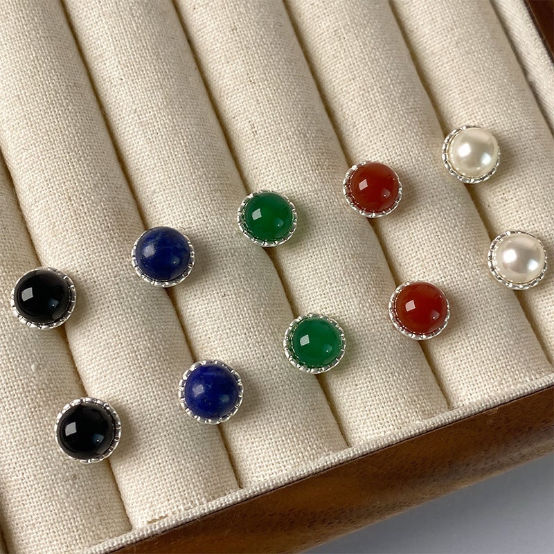 New Chinese Style S925 Ear Needle Hollow Base Inlaid Multicolor Agate Beads Earrings Elegant Simple All-Match Earrings - Image 2