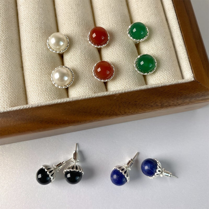 New Chinese Style S925 Ear Needle Hollow Base Inlaid Multicolor Agate Beads Earrings Elegant Simple All-Match Earrings - Image 3