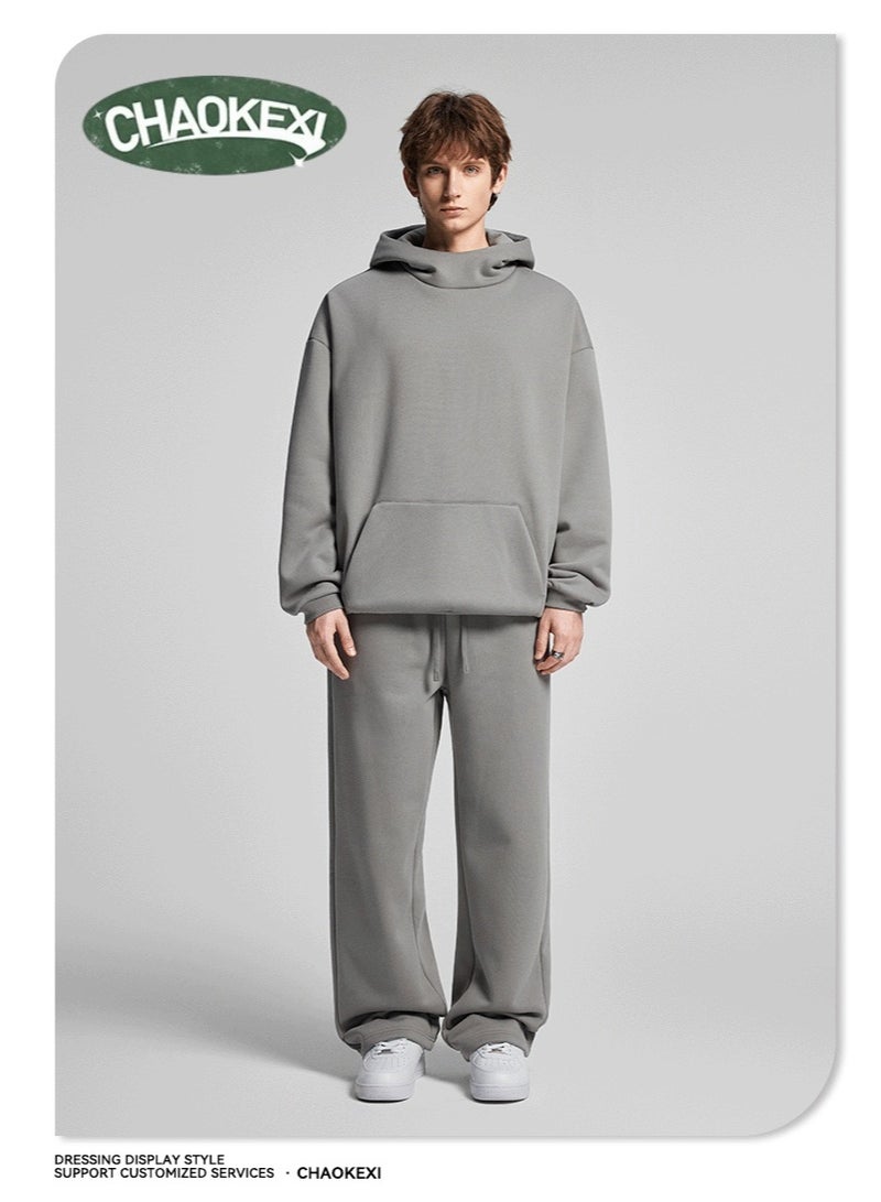 CHAOKEXI American Retro Men's Fleece-Lined Hoodie Set, Autumn/Winter Street Style Loose-Fitting Hoodie Two-Piece Set, Sporty Casual High-Neck Warm (Light Gray) - Image 1
