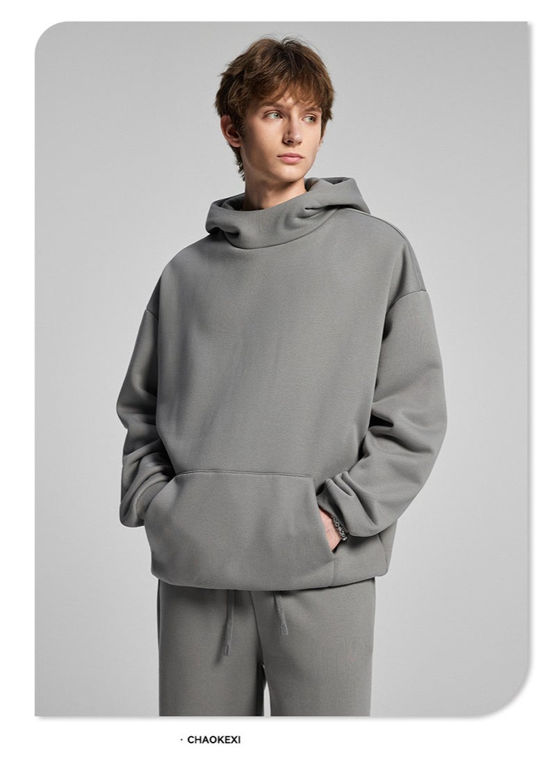 CHAOKEXI American Retro Men's Fleece-Lined Hoodie Set, Autumn/Winter Street Style Loose-Fitting Hoodie Two-Piece Set, Sporty Casual High-Neck Warm (Light Gray) - Image 4