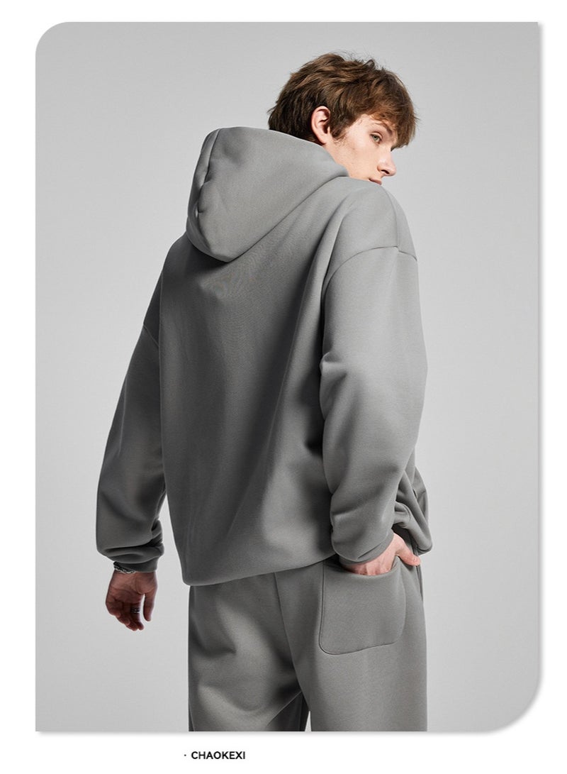 CHAOKEXI American Retro Men's Fleece-Lined Hoodie Set, Autumn/Winter Street Style Loose-Fitting Hoodie Two-Piece Set, Sporty Casual High-Neck Warm (Light Gray) - Image 5