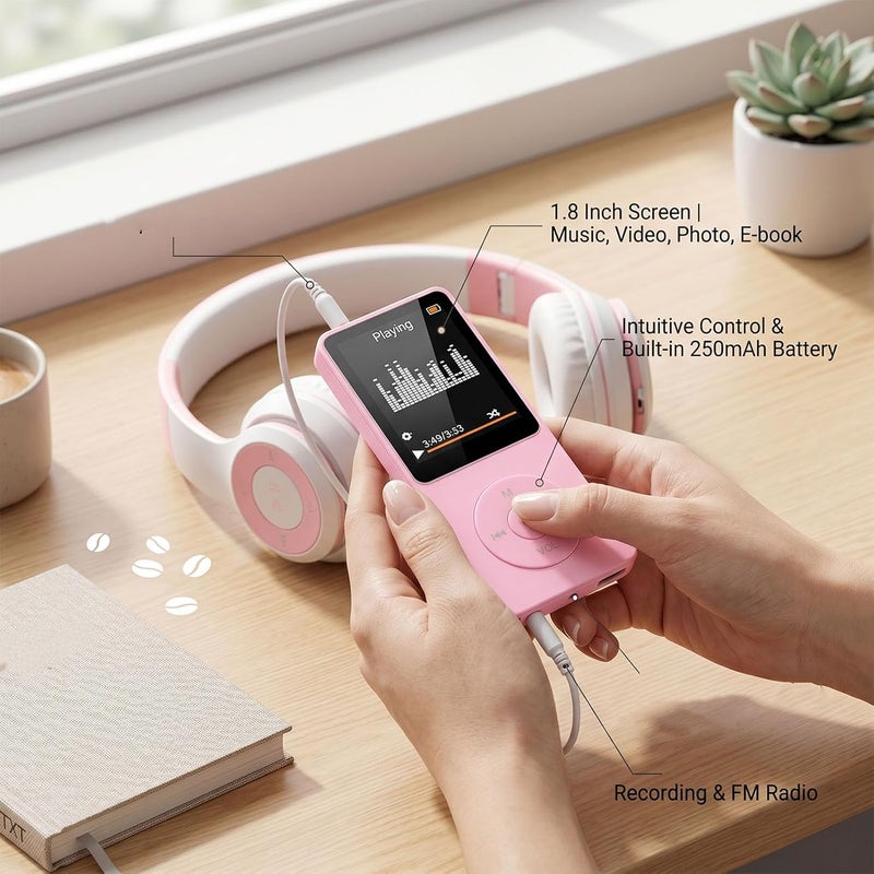 مشغل موسيقى Bluetooth 5.3، شاشة 1.8 بوصة، موسيقى عالية الجودة، راديو FM، كتب إلكترونية، فتحة لبطاقة الذاكرة، مشغل موسيقى رياضي محمول (لون وردي) - Image 2