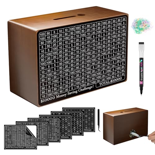 Gomyrod Wooden Money Saving Box, Cash Savings Box for $10000 $5000 $3000 $1000 $800 $500 Target Money Saving Challenge, Money Box with Counter/Dry Erase Pen/Savings Trackers/Rubber Band-Brown - Image 1