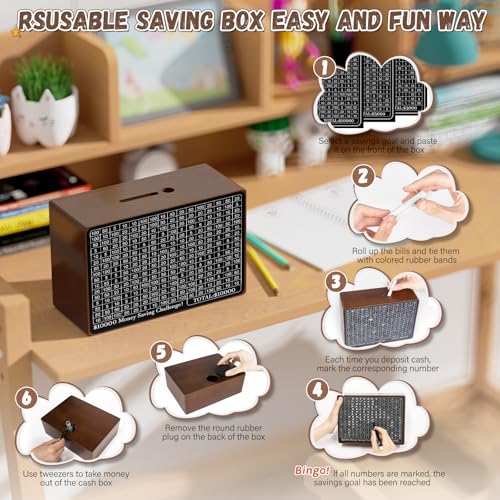 Gomyrod Wooden Money Saving Box, Cash Savings Box for $10000 $5000 $3000 $1000 $800 $500 Target Money Saving Challenge, Money Box with Counter/Dry Erase Pen/Savings Trackers/Rubber Band-Brown - Image 5