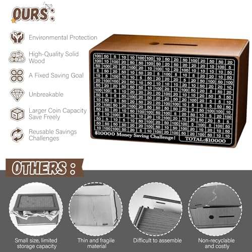 Gomyrod Wooden Money Saving Box, Cash Savings Box for $10000 $5000 $3000 $1000 $800 $500 Target Money Saving Challenge, Money Box with Counter/Dry Erase Pen/Savings Trackers/Rubber Band-Brown - Image 3