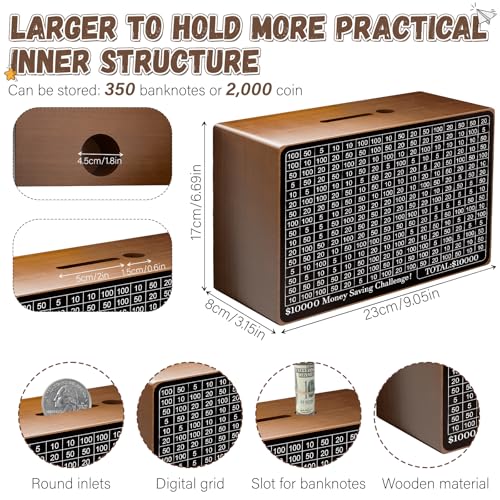 Gomyrod Wooden Money Saving Box, Cash Savings Box for $10000 $5000 $3000 $1000 $800 $500 Target Money Saving Challenge, Money Box with Counter/Dry Erase Pen/Savings Trackers/Rubber Band-Brown - Image 2