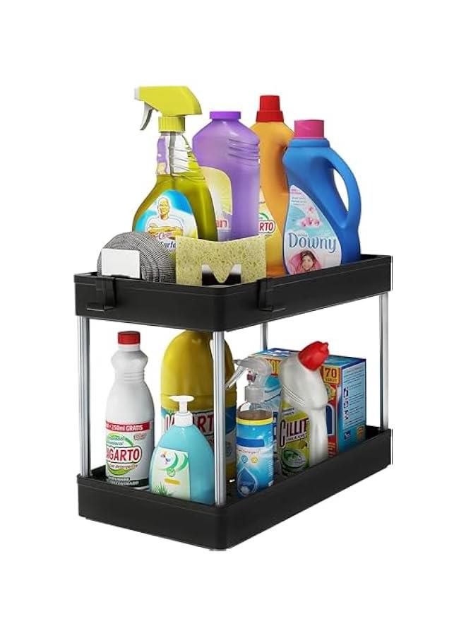 HOOKOR Under Sink Organizer, Under Bathroom Sink Storage 2 Tier Organizer Bath Collection Baskets with Hooks, Multi-purpose Under Sink Storage for Bathroom Kitchen (Black) - Image 1
