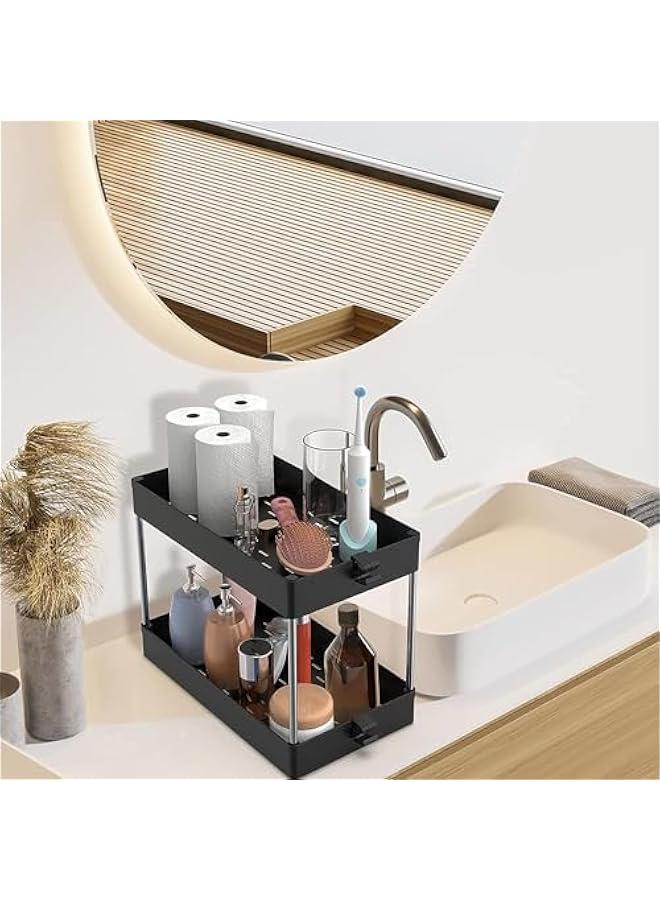 HOOKOR Under Sink Organizer, Under Bathroom Sink Storage 2 Tier Organizer Bath Collection Baskets with Hooks, Multi-purpose Under Sink Storage for Bathroom Kitchen (Black) - Image 2