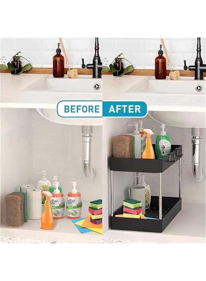 HOOKOR Under Sink Organizer, Under Bathroom Sink Storage 2 Tier Organizer Bath Collection Baskets with Hooks, Multi-purpose Under Sink Storage for Bathroom Kitchen (Black) - Image 5