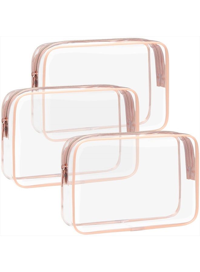 F-color TSA Approved Toiletry Bag 3 Pack Clear Toiletry Bags - Clear Makeup Cosmetic Bags for Women Men, Quart Size Travel Bag, Carry on Airport Airline Compliant Bag, Rose Gold - Image 1