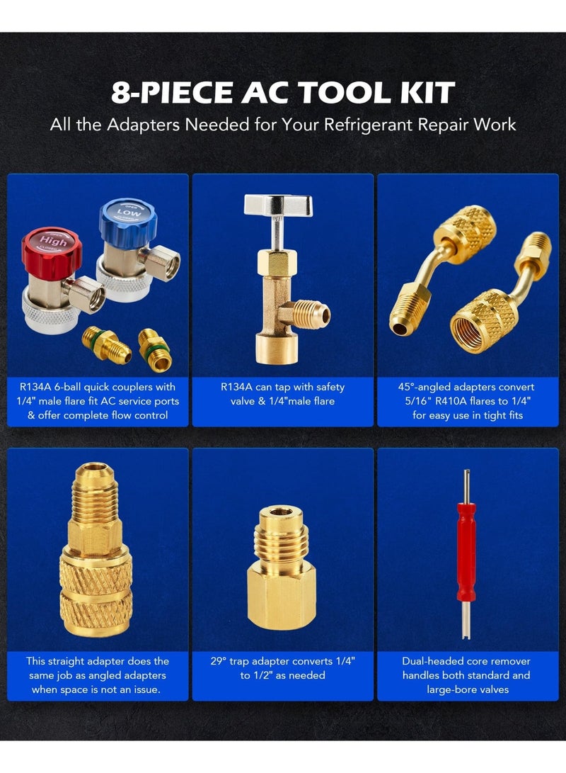 "10PCS, AC Adapter Tool Kit, AC Gauge Hose Conversion Adapters Including R134A Can Tap, R134A Quick Couplers, R410 Adapters, Tank Adapter and Valve Core Remover "  - Image 2
