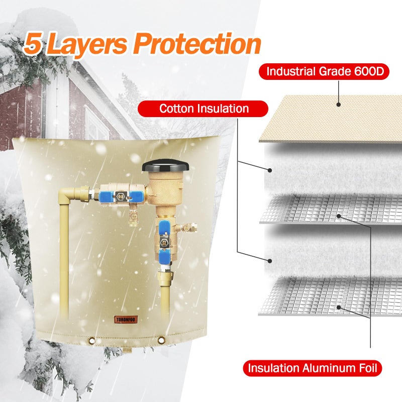 Tohonfoo Backflow Preventer Pipe Insulation Cover (5F) - Irrigation Sprinkler Valve Insulated Pouch - Water Well Pump Cover - Sturdy 5 Layers For Winter Freeze Protection  24"" W X 26"" H  Beige - Image 5