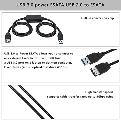 XMSJSIY USB to eSATA Adapter Cable 5Gbps USB 3.0 to Power eSATA Converter Cable 5V for HDD/SSD/ODD Laptop PC - 3 ft/1M - Image 3