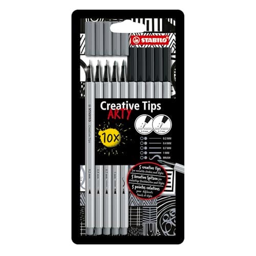 STABILO Fine Multi-Tip Pen Set Creative Tips - 10-Piece ARTY Set - Black and Light Gray Pens - Technical Drawing Illustration Sketching Writing Lettering - Image 1
