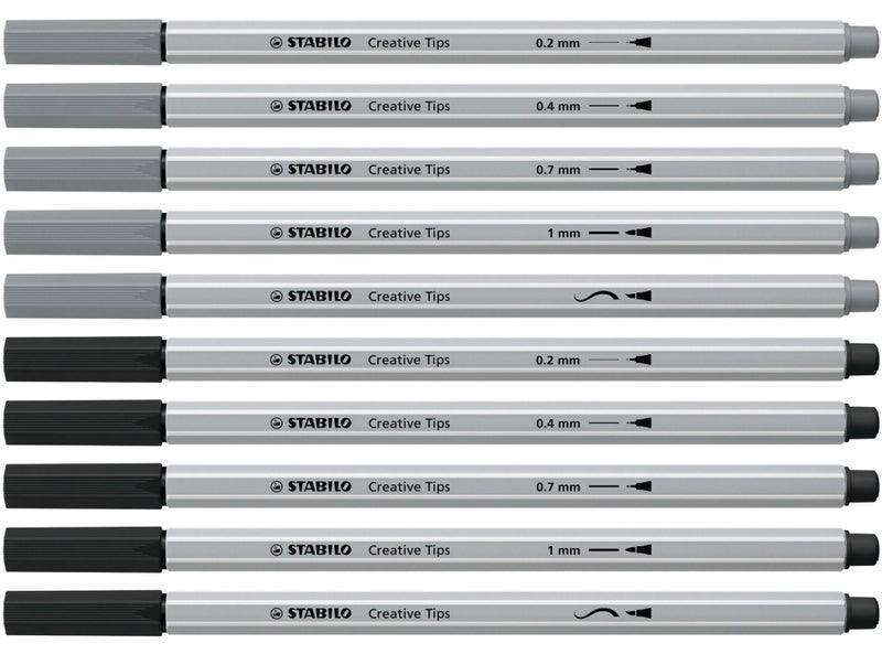 STABILO Fine Multi-Tip Pen Set Creative Tips - 10-Piece ARTY Set - Black and Light Gray Pens - Technical Drawing Illustration Sketching Writing Lettering - Image 2