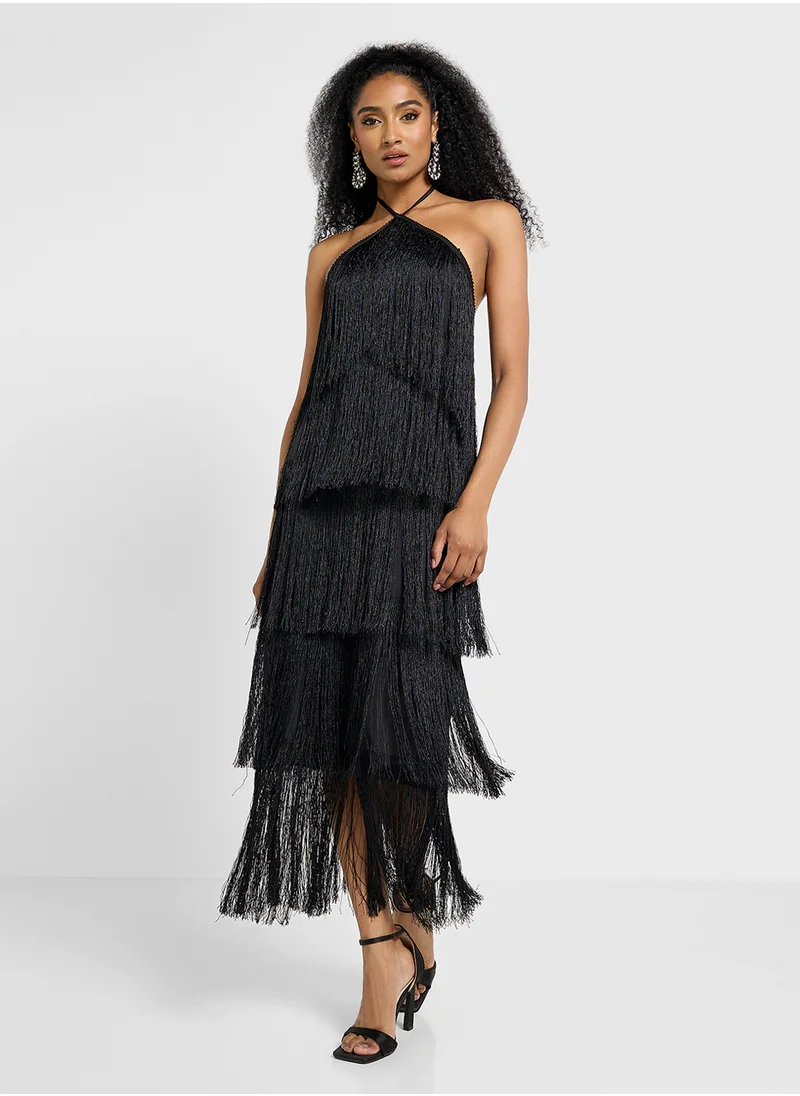 جينجر Halter Neck Fringe Detail Tiered Maxi Dress