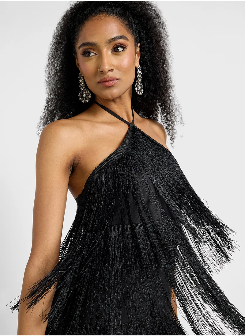 جينجر Halter Neck Fringe Detail Tiered Maxi Dress