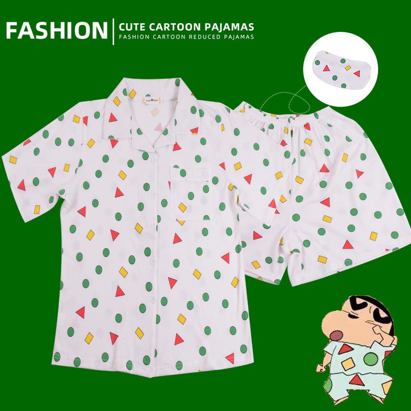 2022 Summer Pajamas Crayon Small New Garden Long Short-Sleeved Shorts Cartoon Three-Piece Set Eye Mask Home Clothes - Image 1