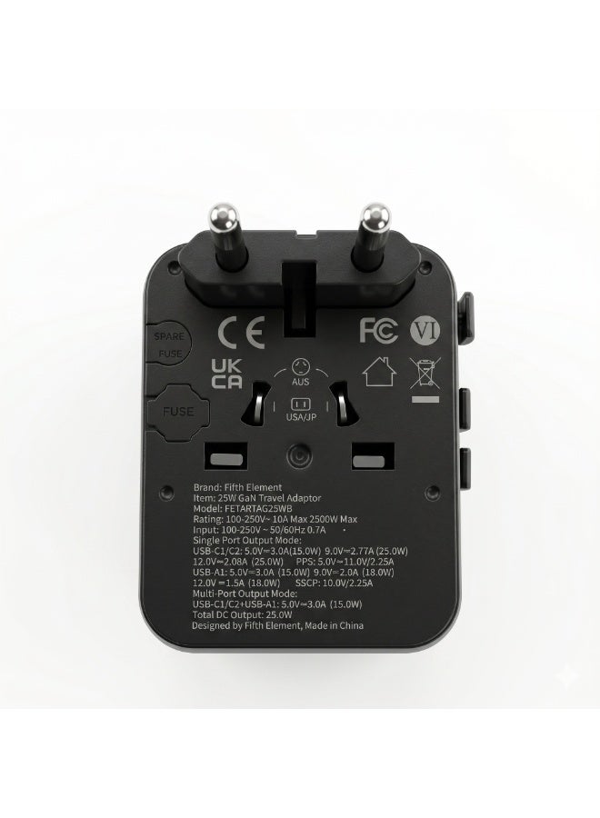 FIFTH ELEMENT ROAM Warrior 25W GaN Universal Travel Adapter with Dual USB-C & USB-A - Image 3