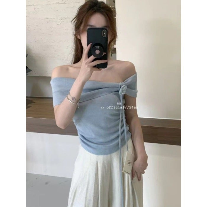 Flower Ribbon Off-Shoulder Knitwear Women'S Slim-Fit Ruffle Irregular Top Short-Sleeved T-Shirt For Summer - Image 1