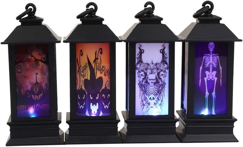 كلاراكو ديكورات كلاركو LED لتزيين اليقطين، 4 قطع، فانوس زخرفي للهالوين، أضواء فانوس معلقة، مصباح جمجمة ساحرة مخيفة، ديكورات منزل مسكون، إضاءة LED لحفلات الهالوين، فانوس خارجي - Image 1