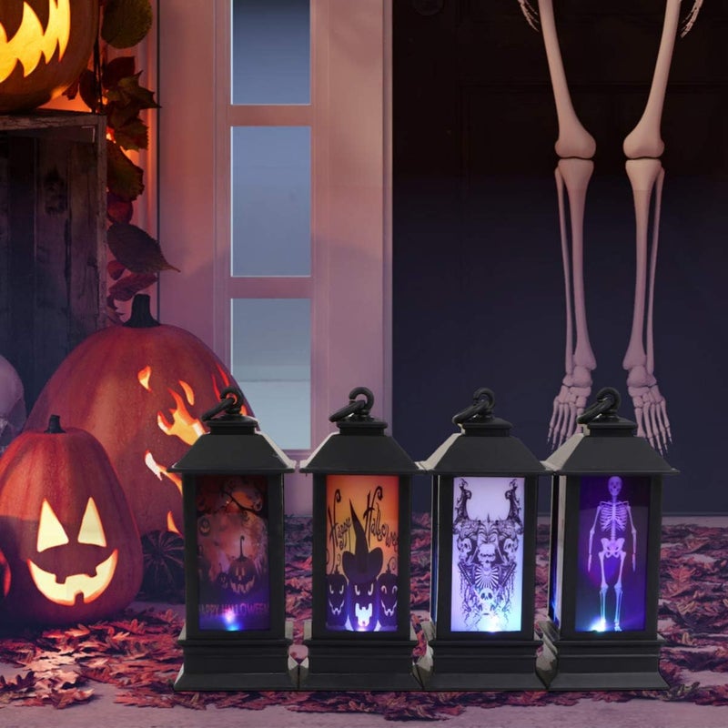 كلاراكو ديكورات كلاركو LED لتزيين اليقطين، 4 قطع، فانوس زخرفي للهالوين، أضواء فانوس معلقة، مصباح جمجمة ساحرة مخيفة، ديكورات منزل مسكون، إضاءة LED لحفلات الهالوين، فانوس خارجي - Image 3