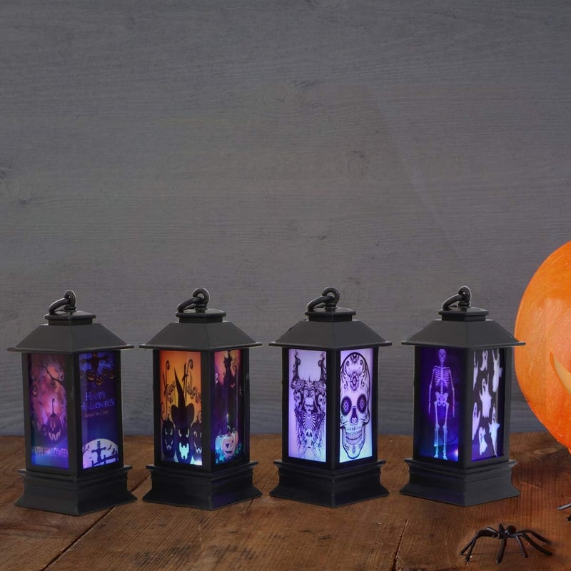 كلاراكو ديكورات كلاركو LED لتزيين اليقطين، 4 قطع، فانوس زخرفي للهالوين، أضواء فانوس معلقة، مصباح جمجمة ساحرة مخيفة، ديكورات منزل مسكون، إضاءة LED لحفلات الهالوين، فانوس خارجي - Image 4
