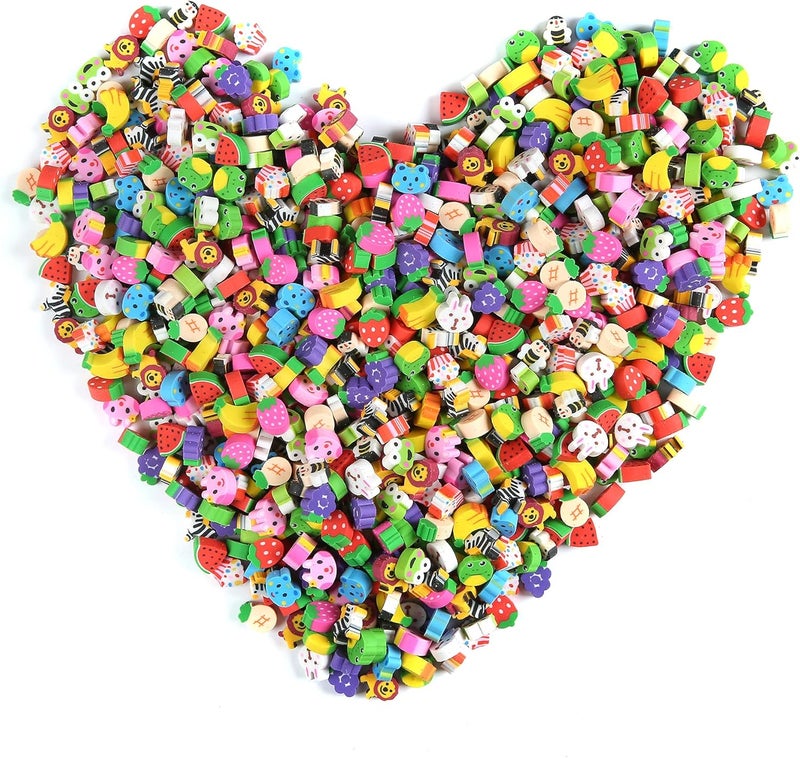 MGTECH 300 Pieces Mini Animal Fruit Erasers for Kids Bulk, Small Cute Pencil Erasers Assortment for Home School Work Rewards, Party Favor and Gift Filling - Image 1