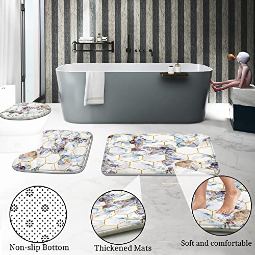 Poedist Shower Curtain Set with Rugs,Bathroom Accessory Set, Including Non-Slip Rugs,Toilet Lid Cover and Bath Mat, Waterproof Shower Curtain with 12 Hooks, Honeycomb Marble - Image 4
