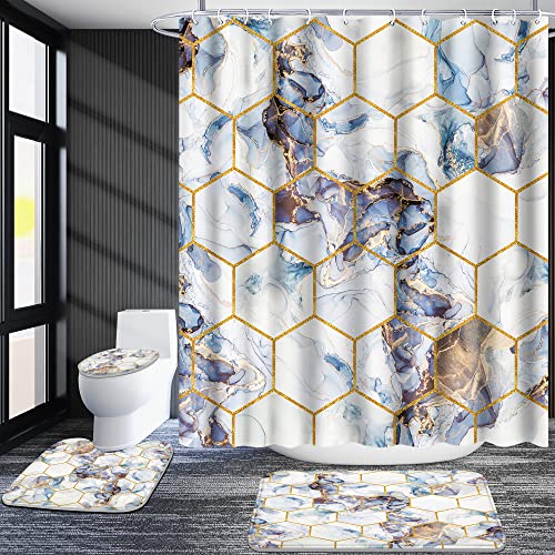 Poedist Shower Curtain Set with Rugs,Bathroom Accessory Set, Including Non-Slip Rugs,Toilet Lid Cover and Bath Mat, Waterproof Shower Curtain with 12 Hooks, Honeycomb Marble - Image 5